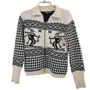 Nils Wool Blend Ski Graphic Full Zip Sweater S Spread Collar Après Ski Winter